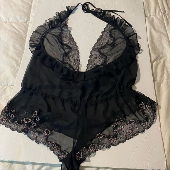 Victoria’s Secret black lace pink sheer Ruffle Bodysuit Babydoll teddy Romper S - Picture 3 of 10